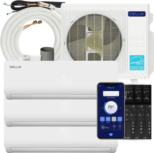DELLA 28K BTU ODU 3 zonas (3 x 9K BTU), 20 SEER2 208-230 V enfría hasta 1200 pies cuadrados, funciona con Alexa y Wifi, eficiencia energética, mini