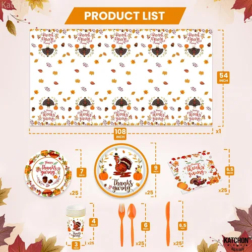 Miniatura 3 de KatchOn Paquete de fiesta de Acción de Gracias, 176 piezas para 25 invitados, mantel, platos, servilletas, tazas y cubiertos para decoración de mesa