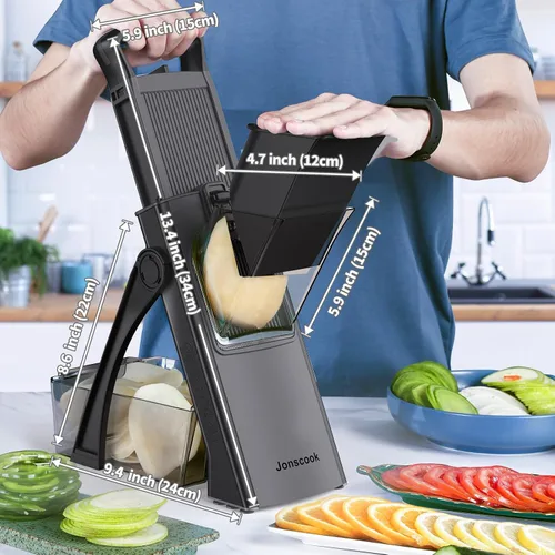 Miniatura 2 de Jonscook Rebanador de mandolina todo en uno seguro para cocina, picador de alimentos con contenedor, cortador de verduras con grosor ajustable