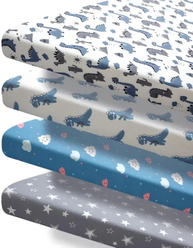 Miniatura 6 de Juego de 4 sábanas suaves para bebé, diseño de dinosaurio, estrella, nube, poliéster, neutro, unisex, juego de sábanas bajeras para bebés niños