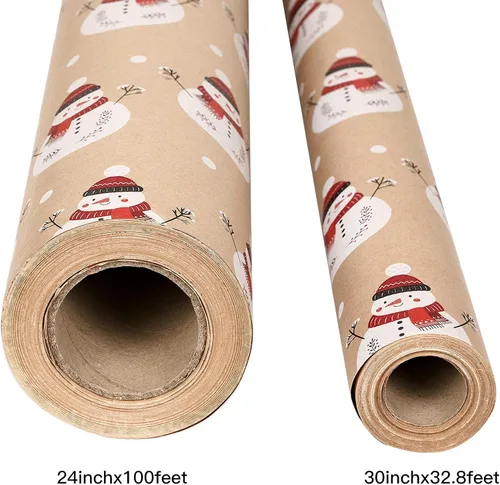 Miniatura 5 de RUSPEPA Papel de regalo de Navidad, papel Kraft, diseño navideño con muñeco de nieve, 24 pulgadas x 100 pies, rollo jumbo