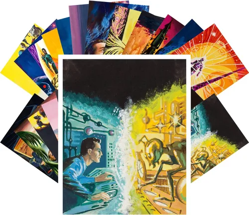 PIXILUV Postales vintage 24 piezas Vintage SciFi Comic Book Art Magazine Covers Negro