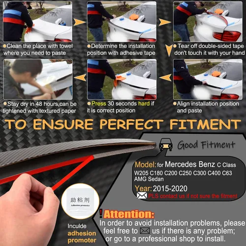 Miniatura 5 de Alerón de maletero de fibra de carbono para Mercedes Benz 2015-2021 Clase C W205 C180 C200 C250 C300 C400 C43 C63 AMG Sedán tapa trasera Highkick