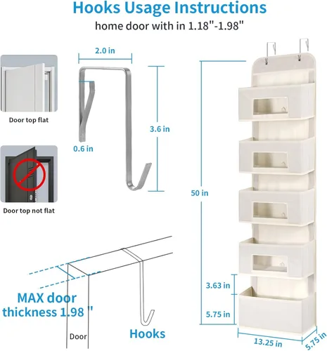 Miniatura 2 de MAX Houser Organizador para colgar sobre la puerta con 5 estantes y 2 ganchos de metal, organizador de almacenamiento de pared con 5 bolsillos