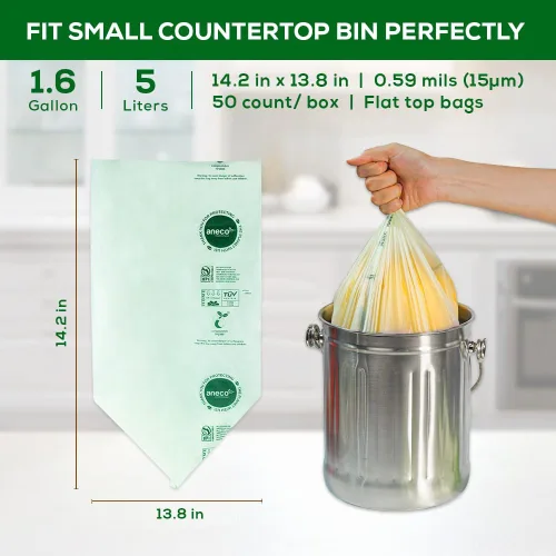 Miniatura 6 de ANECO Bolsas de basura 100% compostables para el hogar (bolsas de basura de 1.6 galones, 50 unidades), pequeñas bolsas de compost de cocina