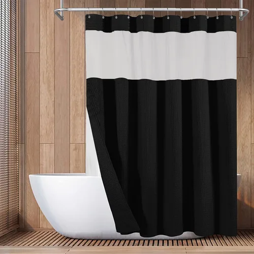 Miniatura 23 de Yimobra Juego de cortinas de ducha de tejido gofre con forro de tela a presión, tela pesada con 12 ganchos, impermeable y lavable, ventana superior