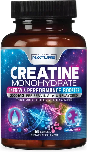 Miniatura 5 de Built by Nature Píldoras de monohidrato de creatina, suplemento de creatina micronizada para hombres y mujeres, fuerza muscular, energía