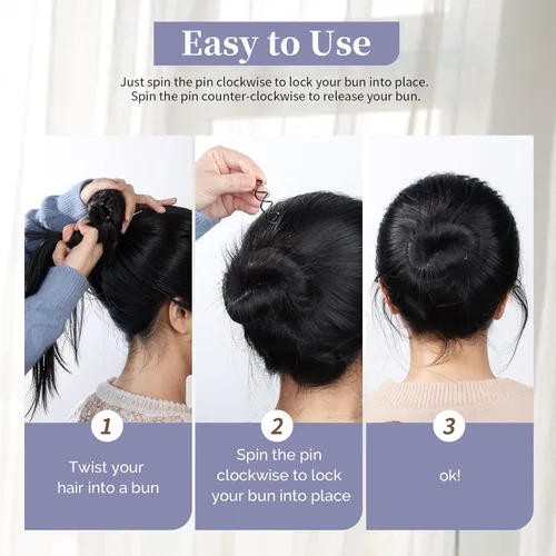 Miniatura 5 de FANDAMEI 50 horquillas para el cabello en espiral, puntas redondas que no rayan, con tornillo giratorio para mujer, estilo de moño, bricolaje, Negro