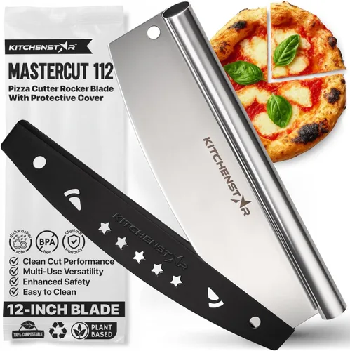 KitchenStar Cortador de pizza de 12 pulgadas con cuchillo basculante - Cuchillo de acero inoxidable afilado, cubierta protectora, apto para Plateado