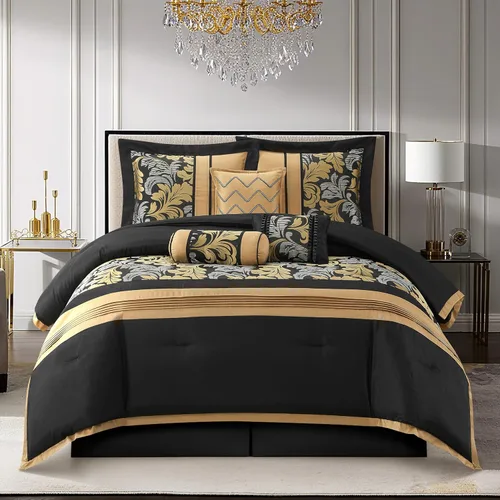 Miniatura 8 de Grand Avenue Juego de edredón rojo y negro tamaño Full, técnica jacquard y flocado, diseño moderno juegos de ropa de cama a rayas para todas