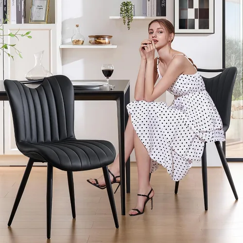 Miniatura 7 de Juego de 2 sillas de comedor tapizadas de cuero, modernas sillas de comedor de cocina de mediados de siglo con patas de metal negro, sillas