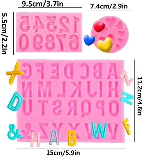 Miniatura 2 de Moldes de silicona para letras, 3 moldes antiadherentes para chocolate, números y letras con forma de corazón, para postres, dulces, decoración