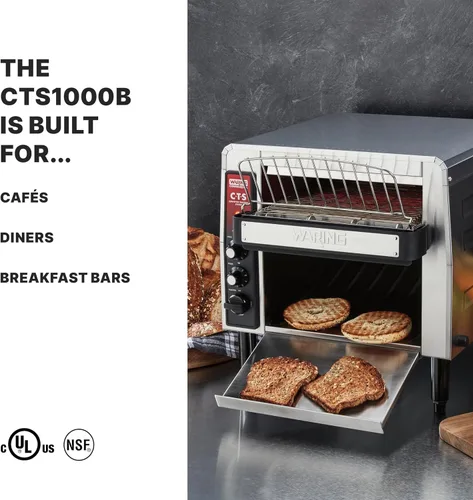 Miniatura 2 de Waring Tostadora comercial CTS1000B con transportador, más de 1000 rebanadas por hora, 208V, 2700W, enchufe de fase 6-20, plateado