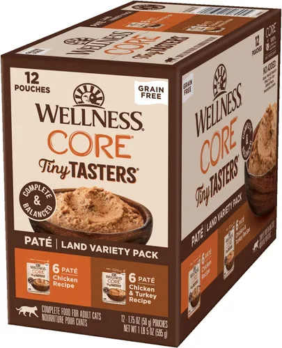 Wellness CORE Tiny Tasters - Alimento húmedo en paté para gatos adultos, natural, rico en proteínas, sin granos, bolsa de 1.75 onzas, paquete de 12,