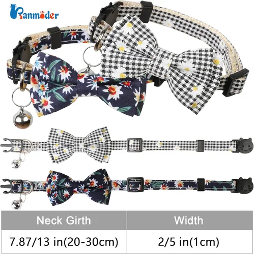 Miniatura 3 de Collar de gato con campanas, lindo corbatín para gato, paquete de 2 collares de seguridad a cuadros y flores para gatito para hembra, macho, gatos