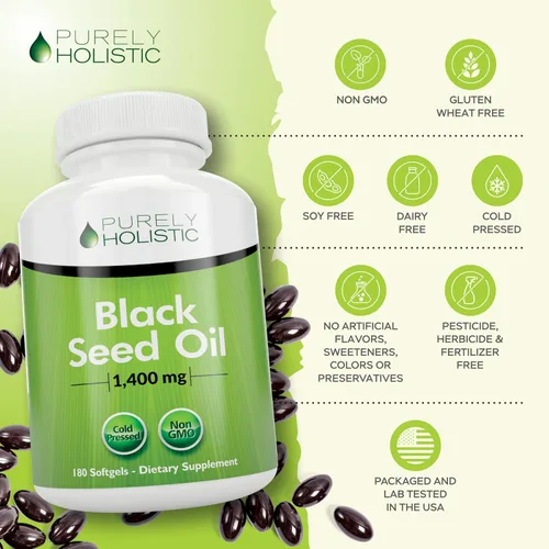 Miniatura 5 de Purely Holistic Cápsulas de aceite de semilla negra de 1400 mg, 180 cápsulas blandas, suministro de 3 meses - Nigella sativa prensada en frío, rica