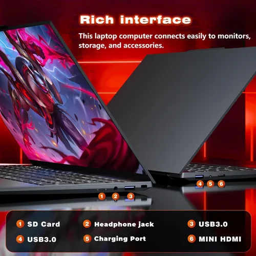 Miniatura 7 de Laptop 2025, portátiles de 15.6 pulgadas con procesador N150 (supera al i3-1115G4, hasta 3.6GHz), portátil de juegos con 16GB RAM 1TB SSD