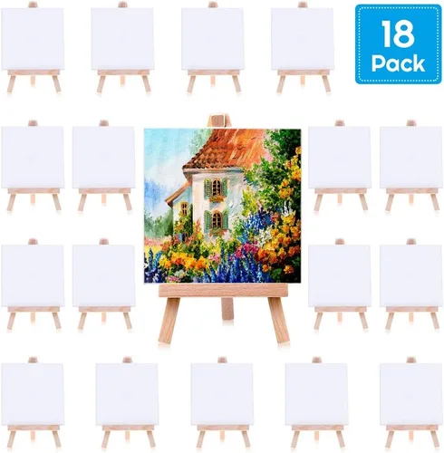 cridoz - Juego de 18 lienzos pequeños con mini caballete de 4 x 4 pulgadas, kit de pintura para niños y adolescentes, acrílico para verter, color al