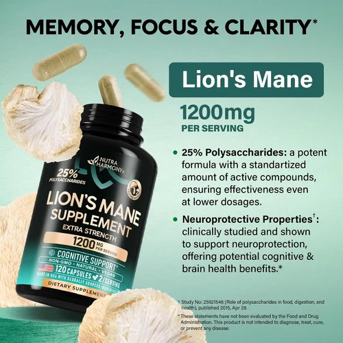 Miniatura 4 de Cápsulas de suplemento de melena de león - Melena de león orgánica - Fabricado en EE.UU. - Extracto de cuerpos fructíferos - 1200 mg, 25%