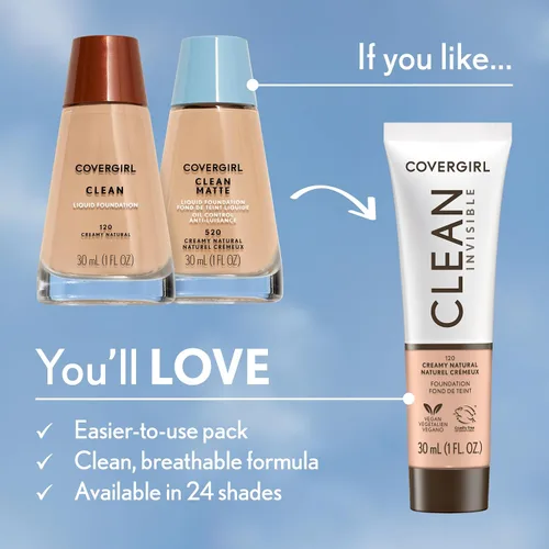 Miniatura 2 de COVERGIRL Maquillaje de base invisible limpio, acabado natural rocío y brillante, cobertura para construir, aspecto suave como la piel, vegano