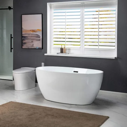 Miniatura 13 de WOODBRIDGE Bañera de acrílico independiente de 55 pulgadas, bañera blanca de remojo contemporáneo con desbordamiento y drenaje negro mate, B1418