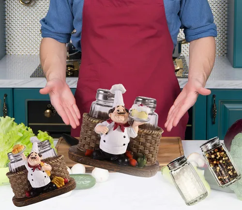 Miniatura 7 de Juego de saleros y pimenteros, estatua decorativa de chef sentado, organizador de especias, tarros de especias de vidrio con soporte, figura