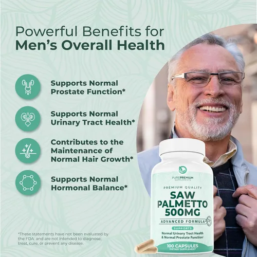 Miniatura 3 de Saw Palmetto Premium 500 mg para hombres y mujeres – Extracto de palma enana americana de máxima fuerza y suplemento en cápsulas en polvo – Apoya