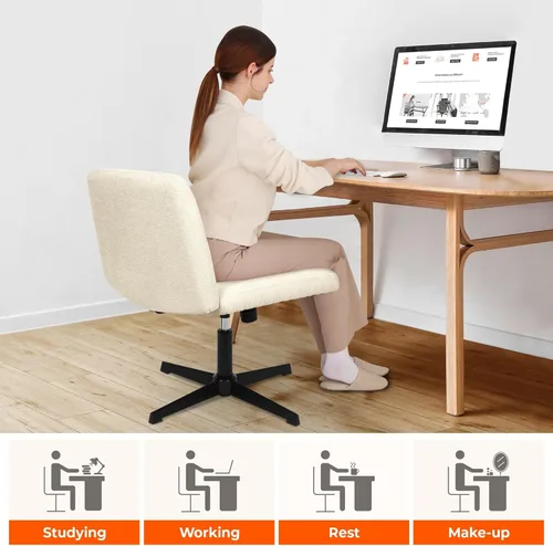 Miniatura 5 de NEO Chair Silla Criss Cross sin ruedas, sin brazos, con patas cruzadas, escritorio de oficina, silla ancha y cómoda de tocador para maquillaje, Beige