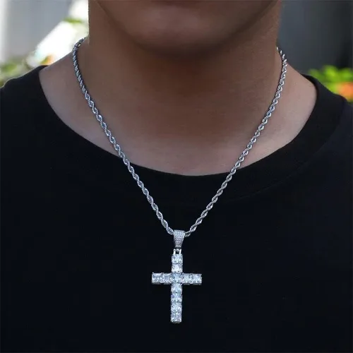Miniatura 4 de Wisbal Collar de cruz para hombre chapado en oro de latón chapado en oro Jesucristo colgante cuadrado de cristal zirconia cruz colgante de oración