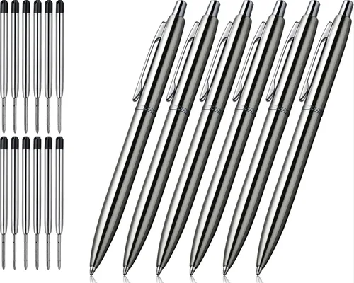 Miniatura 10 de ChaoQ 6 bolígrafos retráctiles de metal, para regalo, negocios, oficina, tinta negra de punta media de 1.0mm, 12 repuestos extra reemplazables