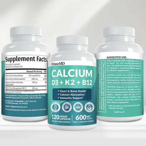 Miniatura 9 de Suplementos de calcio 4 en 1 para mujeres y hombres - Suplemento de calcio con vitamina D3 K2 5000 UI, 601 mg por porción - Sin gluten, apto