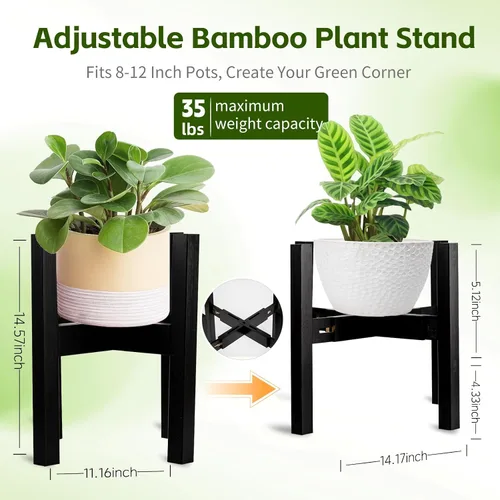 Miniatura 5 de Soporte ajustable de bambú para plantas de interior, soporte para macetas de 8 a 12 pulgadas para sala de estar, dormitorio, esquina, estante