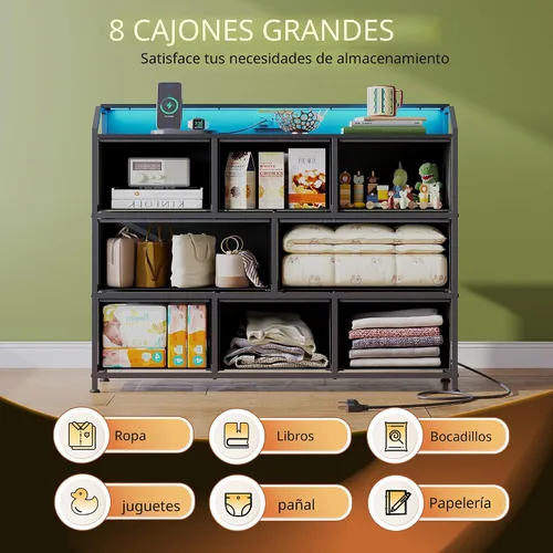 Miniatura 5 de WLIVE Cómoda LED para dormitorio, soporte de TV negro para dormitorio con luces LED y toma de corriente, cómoda ancha para pasillo, 8 cajones