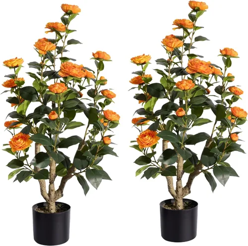 Miniatura 10 de Romantic Season 2FT Orange Artificial Camellia Tree 2Pack, Faux Camellia Plant Fake Potted Camellia Flower Tree for Modern Home Office Living Room