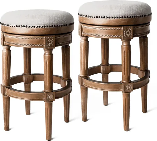 Miniatura 27 de Maven Lane Pullman Taburete de Bar de Madera Giratorio 180 Grados sin Respaldo de 30" de Altura con Ribete de Tachuelas, Acabado Blanco Alabastro