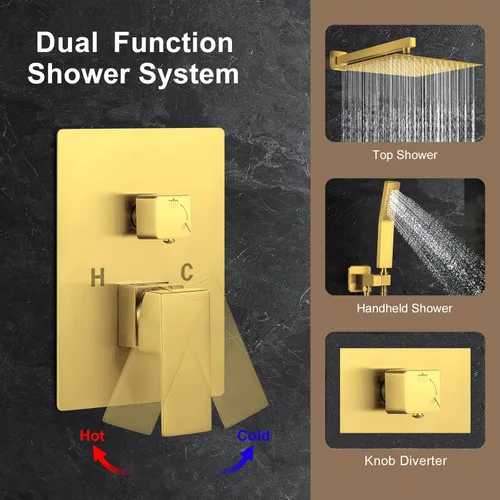 Miniatura 6 de JOMEOO® Juego de grifo de ducha de 12 pulgadas en oro cepillado, sistema de ducha montado en la pared con cabezal de ducha de lluvia de alta presión