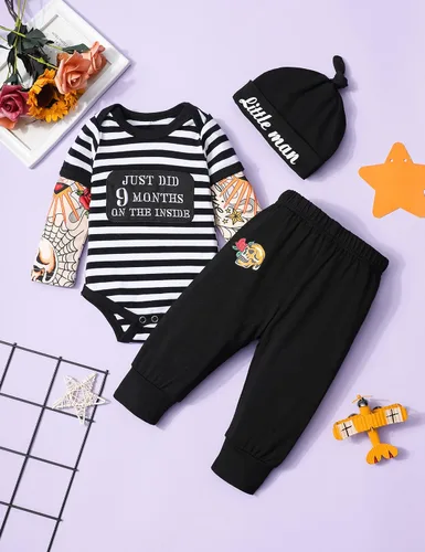 Miniatura 11 de Conjunto de 3 piezas de ropa para bebé y niño, manga de tatuaje, mameluco divertido y pantalones