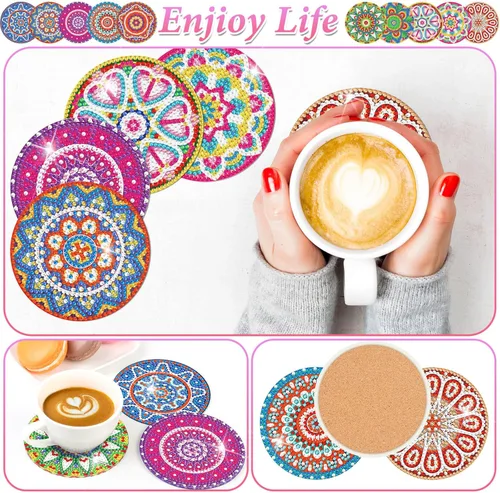 Miniatura 2 de Billbotk Kit de posavasos de pintura de diamantes, 10 posavasos de arte de diamantes con mandala, con soporte, manualidades y manualidades