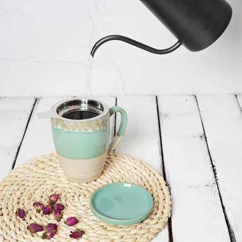 Miniatura 5 de Bosmarlin Taza de té de cerámica con infusor y tapa, 13.5 onzas, 5 colores a elegir, apta para lavavajillas y microondas, esmalte reactivo, taza