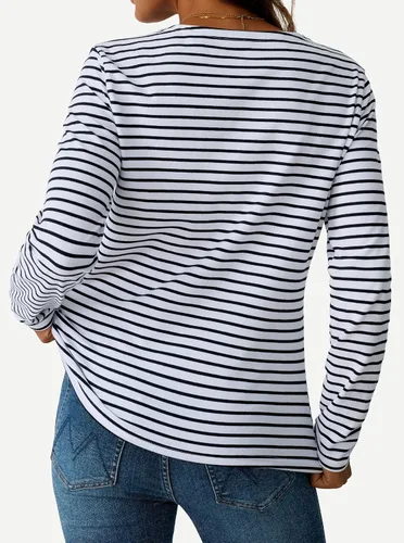 Miniatura 4 de LilyCoco Camisa de manga larga a rayas para mujer, cuello barco, camiseta de ajuste holgado Breton