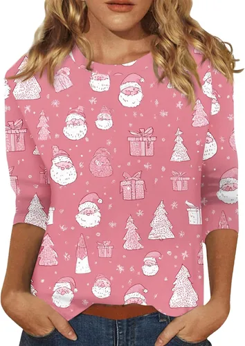Miniatura 27 de Camisetas de manga 3/4 para mujer, cuello redondo, holgadas, casuales, con estampado floral, camisetas de moda para el trabajo de negocios