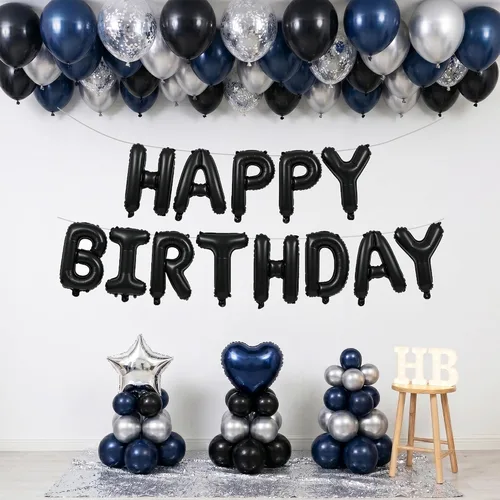 Miniatura 5 de TONIFUL Pancarta de Globos Negros de Feliz Cumpleaños de 16 Pulgadas con Letras de Papel de Aluminio Mylar, Cartel Banderín Reutilizable
