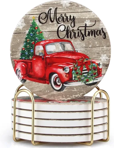 6 piezas de posavasos de cerámica absorbentes con soporte en forma de camión rojo navideño, juego redondo vintage, posavasos de Navidad, regalo para