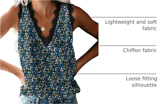 Miniatura 15 de VIISHOW - Camiseta sin mangas, sexy, con cuello en V y bordes de encaje para mujer, camisola de vestir, camisas de gasa, sin mangas, casuales