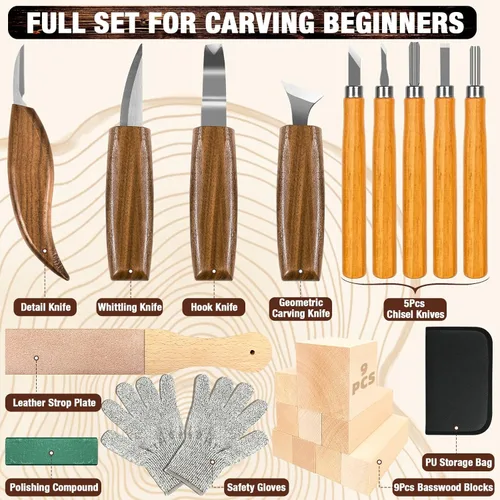 Miniatura 2 de Kit de tallado de madera, 23 piezas de herramientas de tallado de madera con 4 cuchillos de tallado de madera, 5 cuchillos de detalle, 9 bloques
