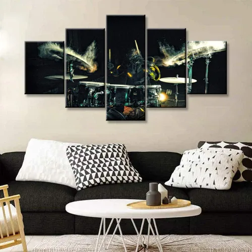 Miniatura 19 de Arte de pared en blanco y negro, kit de batería de jazz morado sobre fondo negro, pinturas de 5 paneles, lienzo, arte de pared para decoración