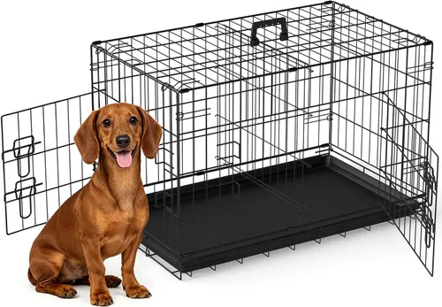 Miniatura 44 de FDW Jaula para perros con doble puerta, jaula plegable de alambre de metal de 36 pulgadas con bandeja extraíble y panel divisor, jaula para mascotas