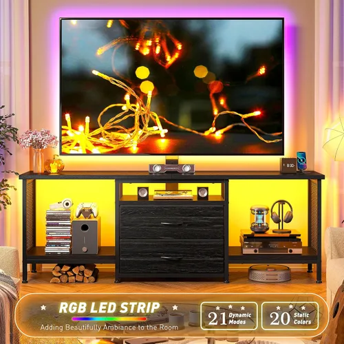 Miniatura 5 de Soporte de TV de 55 pulgadas de ancho con soporte y toma de corriente para TV de 32/45/55/60/65 pulgadas, consola LED giratoria y ajustable con 2