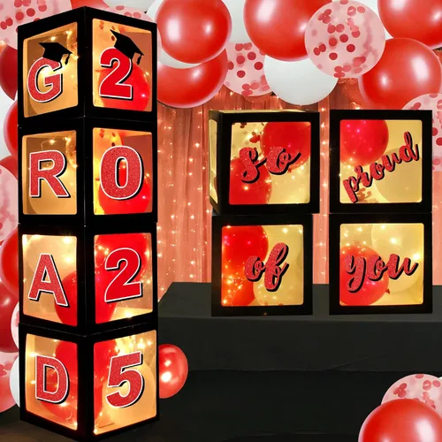 Miniatura 9 de Decoraciones azules para fiestas de graduación 2026, cajas de globos de graduados – 4 cajas de globos negros con 4 cuerdas de luz y letras 2026 Grad