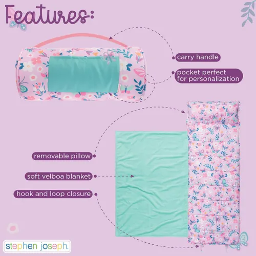 Miniatura 5 de Stephen Joseph, Tapete estampado para siesta para niños pequeños con manta suave y almohada extraíble para niños y niñas, saco de dormir para Azul